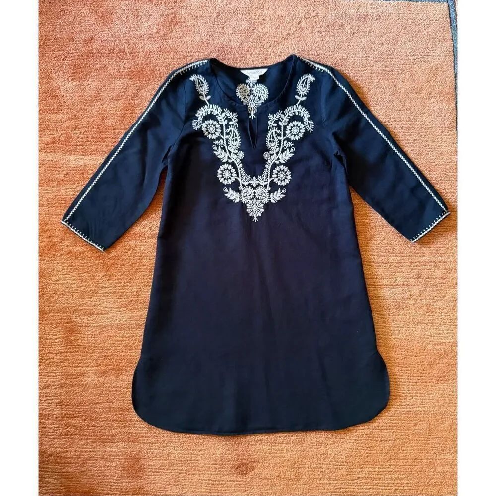 Monsoon Navy Embroidered Linen Cotton Tunic Dress Boho Resort UK 8 US 4